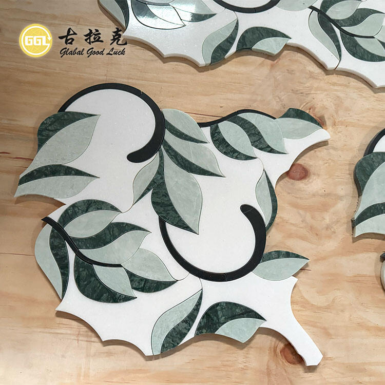 Leaf  Design Green and White Marble Mosaic Tiles