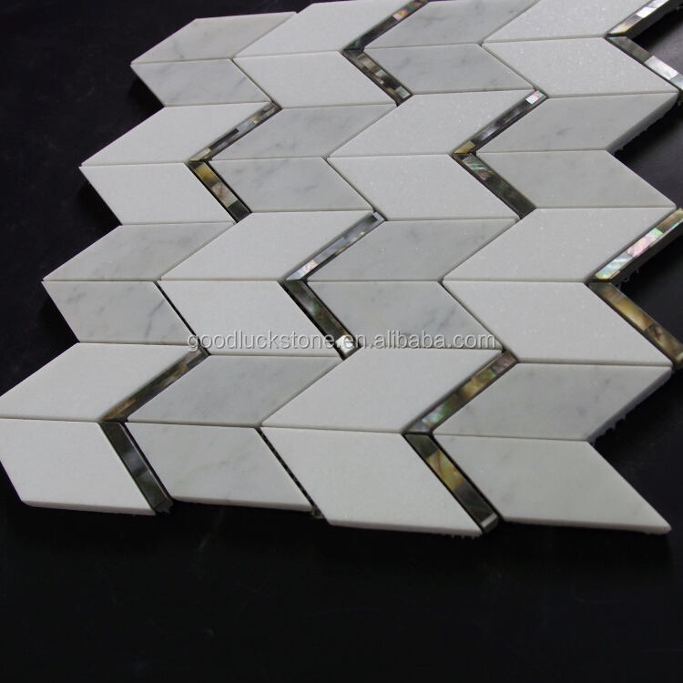 White Chevron Marble Inlay Black Shell Waterjet Mosaic For Wall Tiles