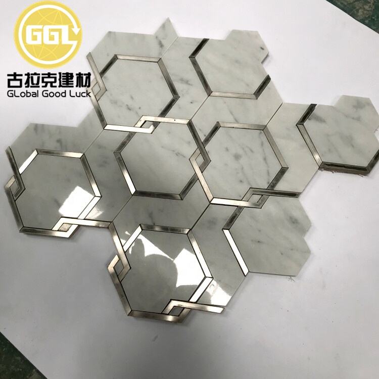 Hexagon Shape White Marble Waterjet Mosaic Tile Mix Stainless Steel Mosaic Tile