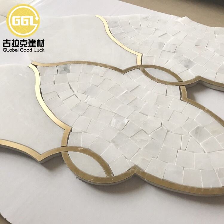 Marble Waterjet Mosaic Tile Bathroom Floor Tiles Inlay Brass Mosaic Gold