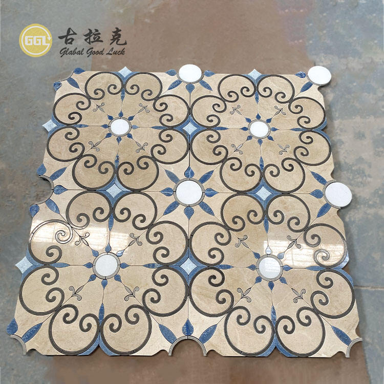 Flower Design Marble Mosaic Tile Blue Beige Stone Tile for Villa Home Decoration