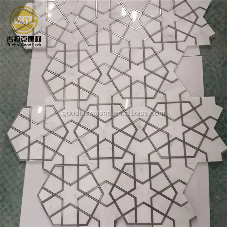 Stainless Steel Inlay Hexagon Mosaic Tile Marble Waterjet Tile for Home Decor