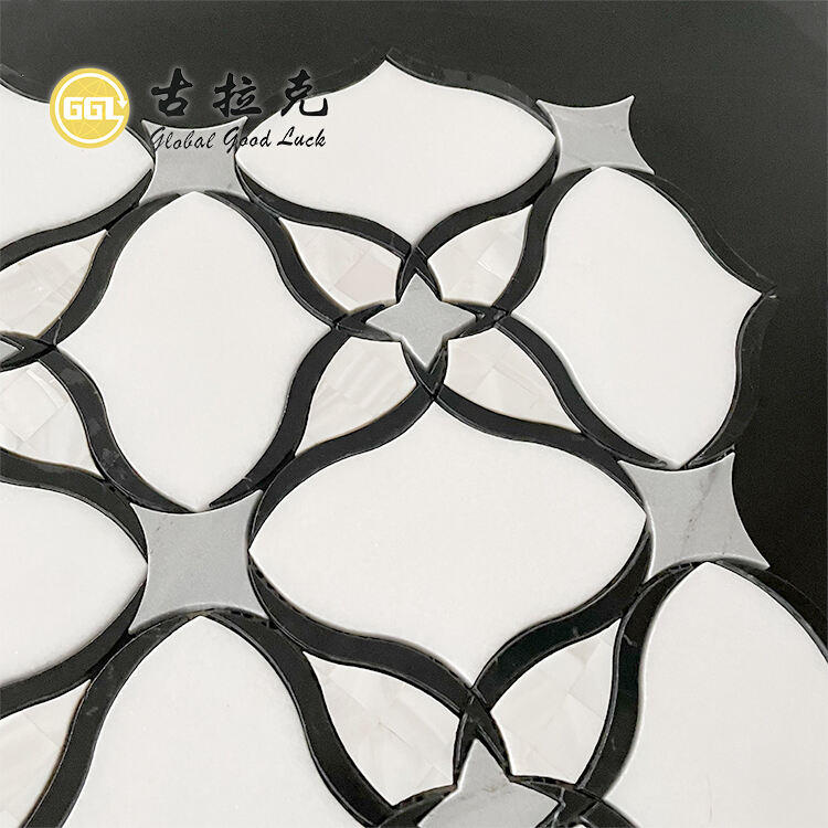 Flower Design Black White Marble Mix Pearl Shell Mosaic Tile