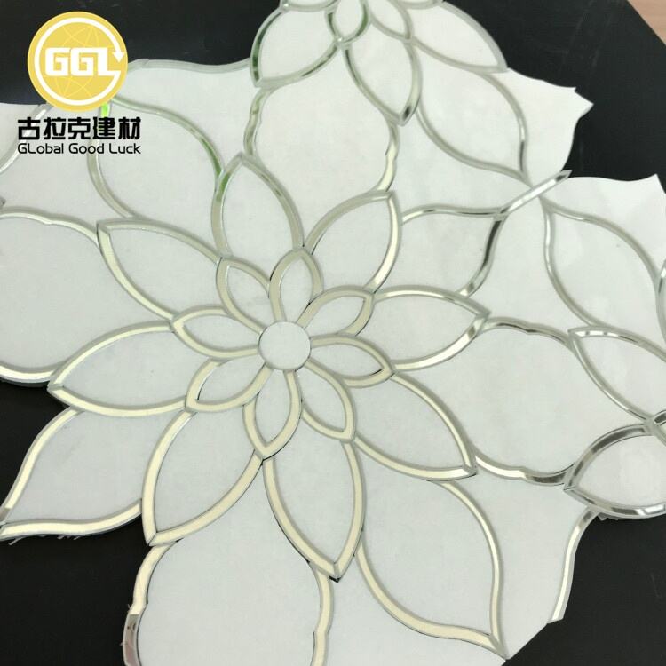 Antique Mirror Style Mosaic Tile Wateriet Glass and Carrara Marble Flower Pattern Mosaic Tile