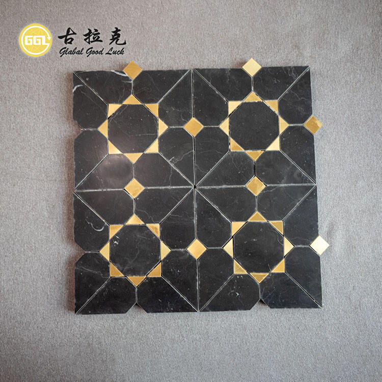 Waterjet Black Marble Tile Mix Brass Mosaic Tile for Interior Floor Wall Decoration