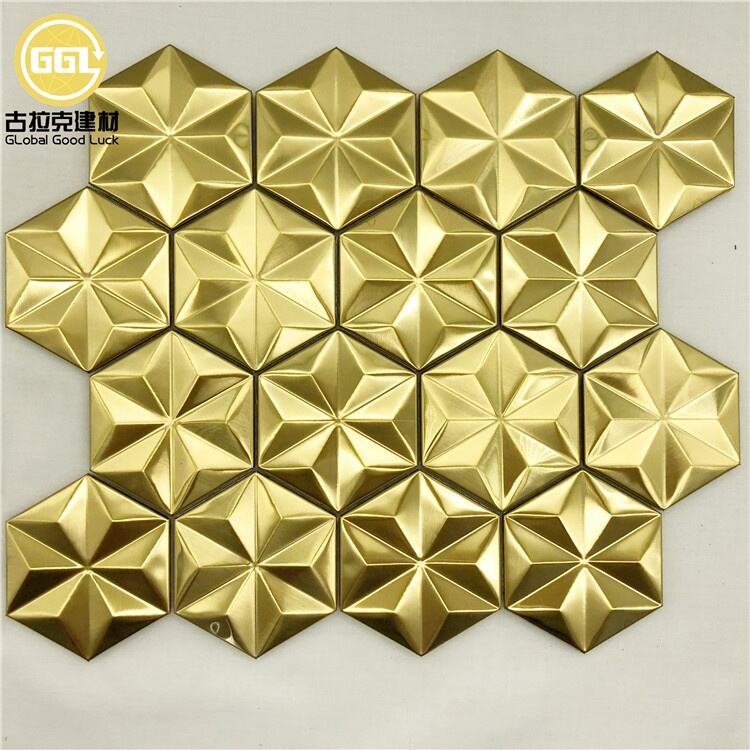 Hexagon 3D Effect Stainless Steel Gold Metal Mosaic Backsplash Wall Tile