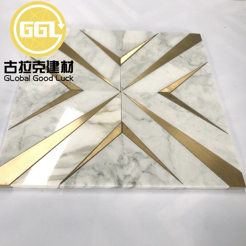 Calacatta Gold Marble Waterjet Pattern Mosaic Tile Inlay Brass