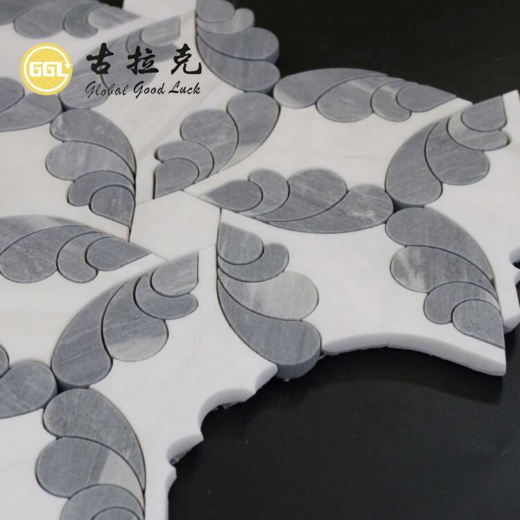 Unique Shape White Mix Grey Marble Pattern Waterjet Mosaic For Wall And Flooring Tiles