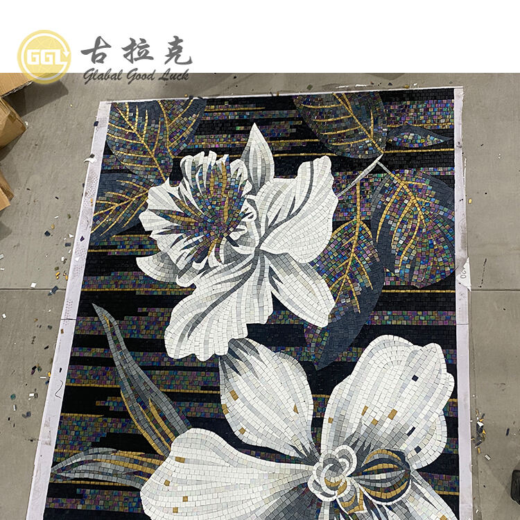 Custom Made Modern Art Mosaic Flower Pattern Mural Glass 4mm Thick Hand-Cut for Bedroom Hotel Wall Decor