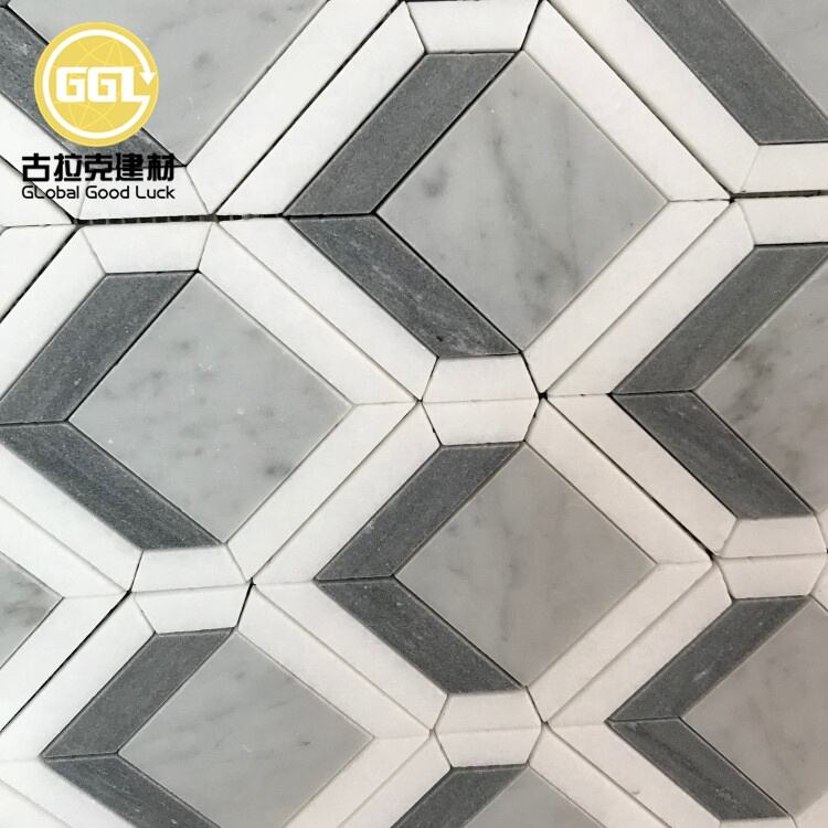 4 Inches Thassos White Mix Combined Light and Dark Blue Tile Noble Diamond Design Marble Mosaic Tile for Fireplace Decor