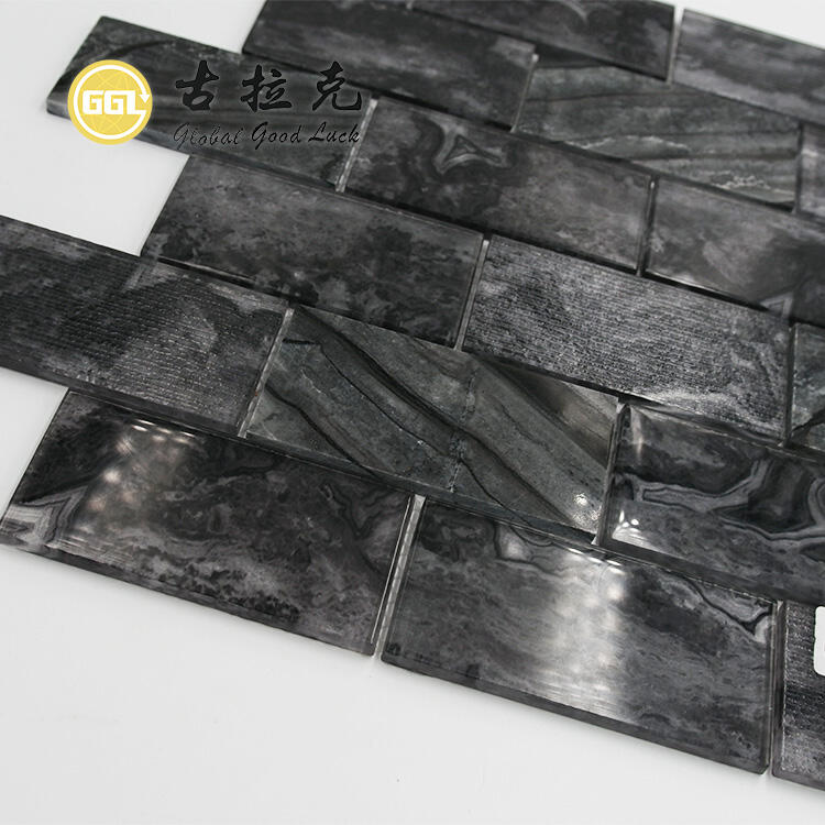 Black Glass Mix Marble Black Strip Shape Mosaic For Wall Tile