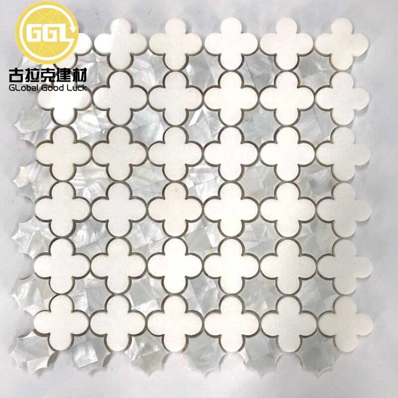Marmer Putih Thassos Asli dengan Pola Bunga Kerang Inlay Waterjet Mosaic Tile