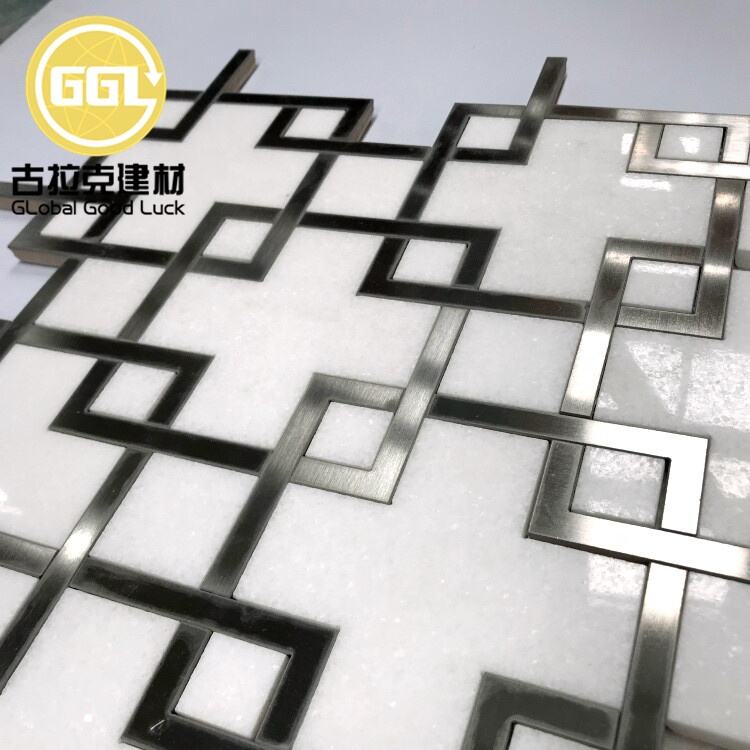 Polished White Marble Mix Stainless Steel Waterjet Mosaic Tile