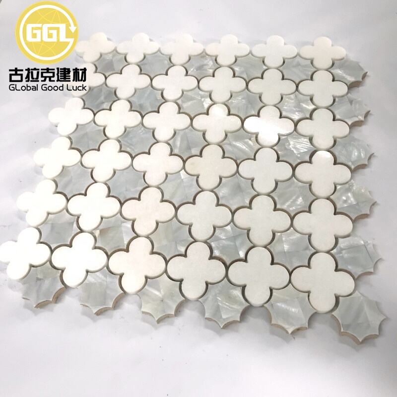 Natural Thassos White Marble Inlay with Shell Flower Pattern Waterjet Mosaic Tile