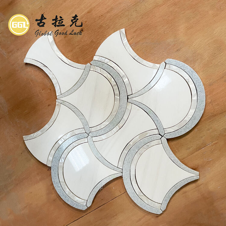 Home Decor White Fan Shape Water Jet Marble Mix Shell Mosaic Tile Interior Wall Backsplash Mosaic