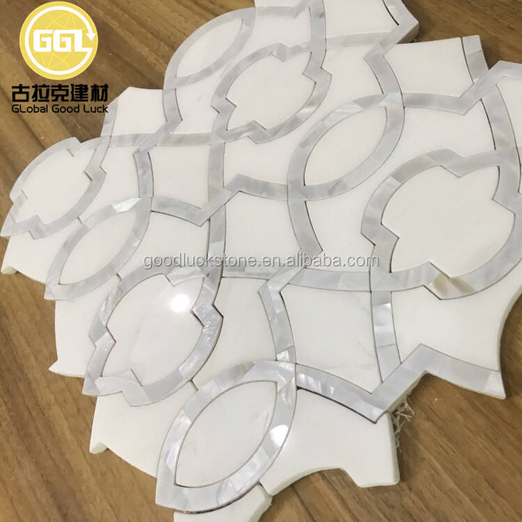  Polished Dolomite White Mix Marble Inlay Shell Waterjet Marble Mosaic Tile