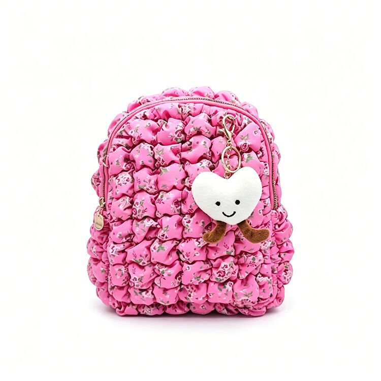 Pink Floral Bubble Pleated Mini Backpack with Heart Charm, Kawaii Daily Travel Shoulder Bag for Girls