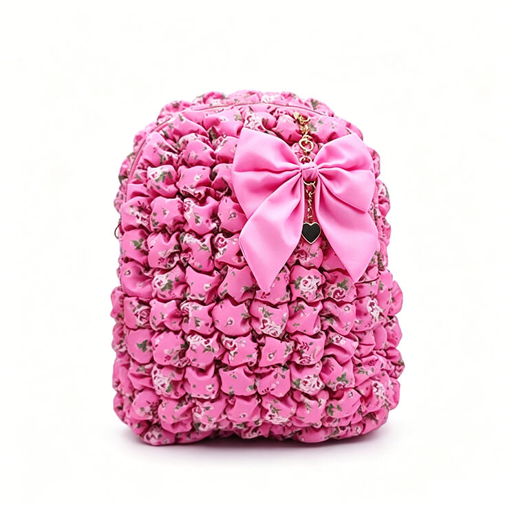 Sweet Bubble Fabric Floral Mini Backpack with Bow Heart Charm, Girls Casual Shopping Travel Daypack