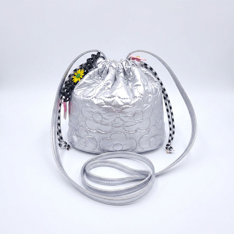 Silver Quilted Flower Drawstring Mini Bucket Bag Adjustable Crossbody Strap Daily Street Travel Purse