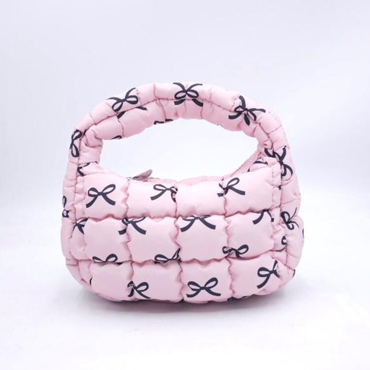 Pleated Cloud Bubble Mini Handbag Soft Cotton Bow Print Daily Phone Makeup Storage Purse