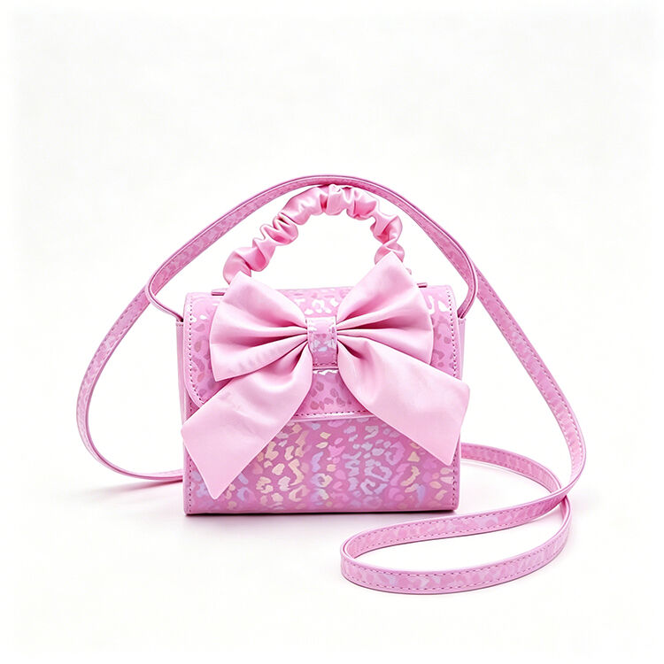 Pink Holographic Leopard Kids Crossbody Bag Satin Bow Mini Handbag for Party Daily Travel Girls Accessories