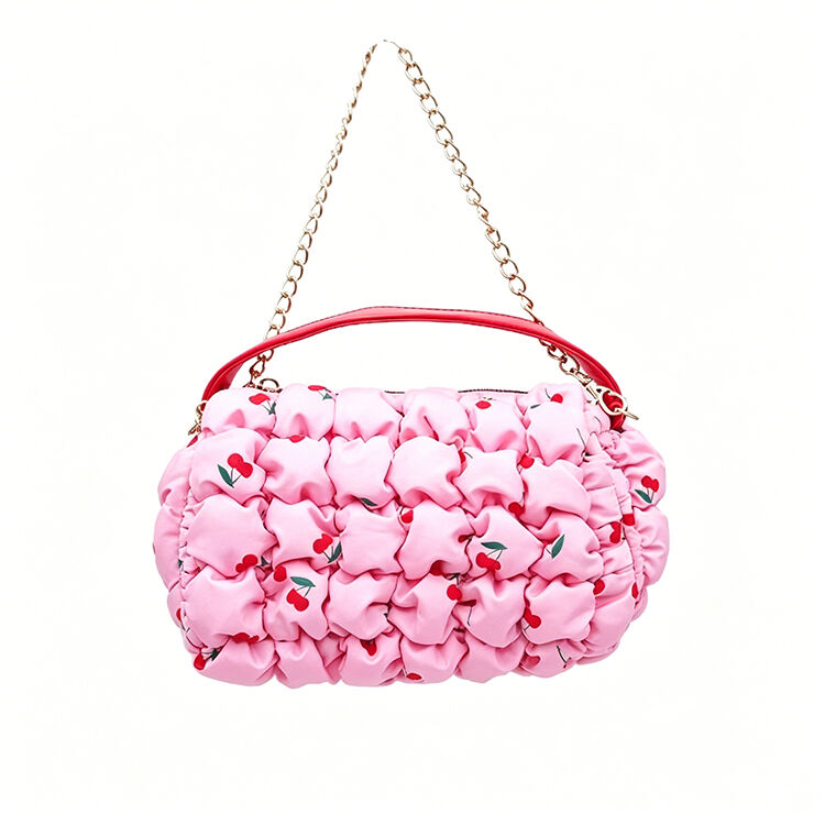 Pink Cherry Ruched Cloud Crossbody Bag, Dual Strap Lightweight Shoulder Purse for Daily Dating