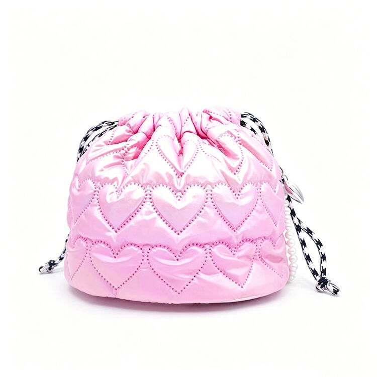 Pink Heart Quilted Puffy Drawstring Bag Mini Pearl Decor Cosmetic Pouch for Daily Travel Makeup Storage