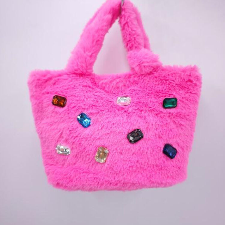 Fluffy Velvet Rhinestone Mini Tote Bag, Magnetic Snap Handbag with Polyester Lining Zipper Pocket, Cute Y2K Plush Top Handle Purse Gift for Women Girls
