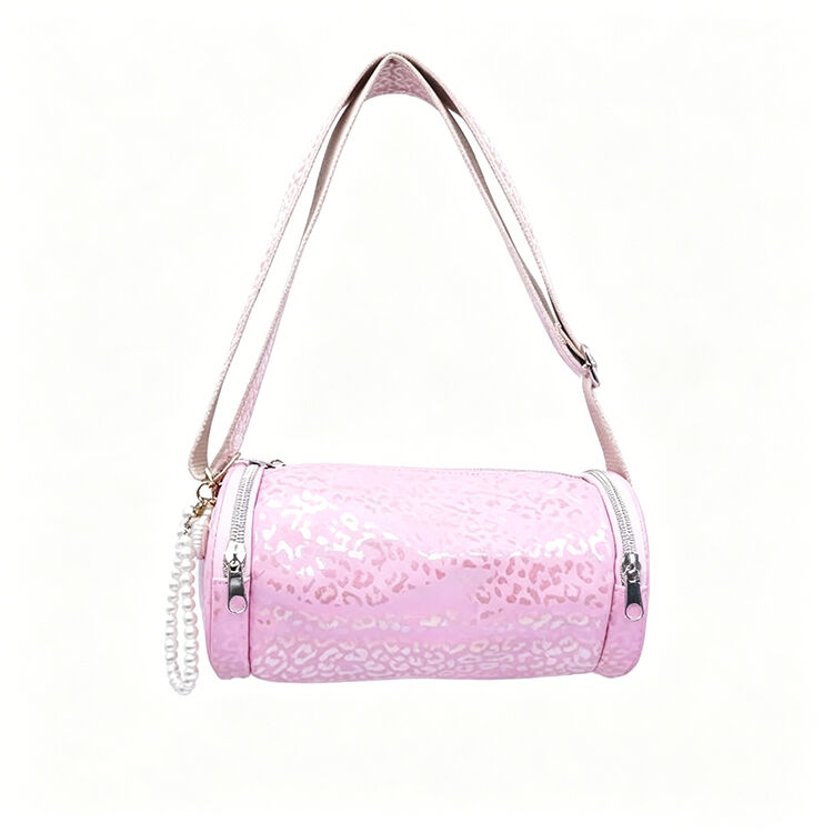 Pink Holographic Leopard Cylinder Bag Adjustable Strap Pearl Charm Mini Crossbody for Daily Concert Outfits