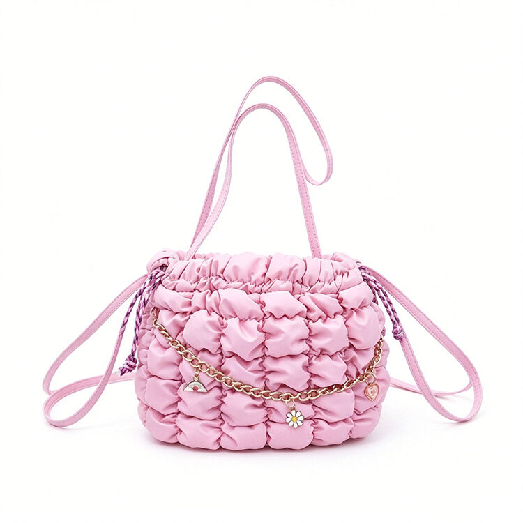 Pink Ruched Cloud Mini Bucket Bag with Chain Charms Crossbody Handbag for Daily Dating Shopping