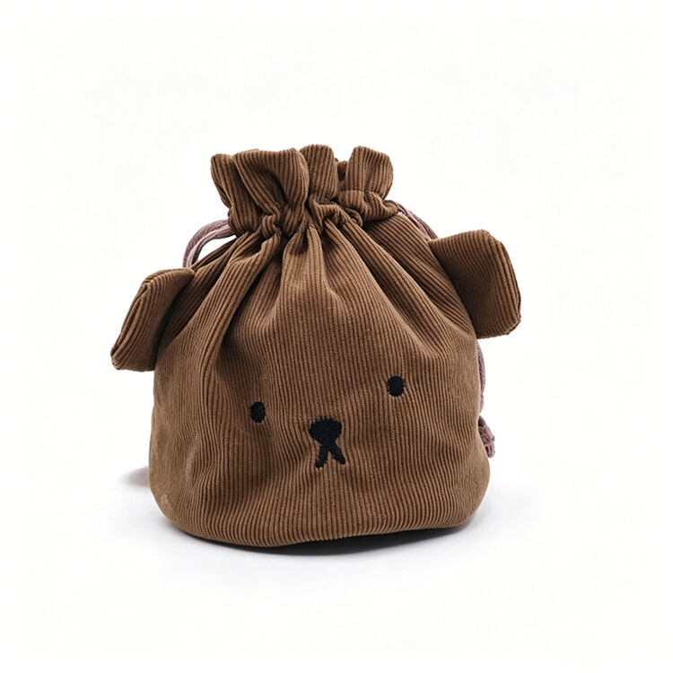 Corduroy Bear Drawstring Pouch Cute Cosmetic Storage Bag for Travel Makeup Small Accessories Organizer