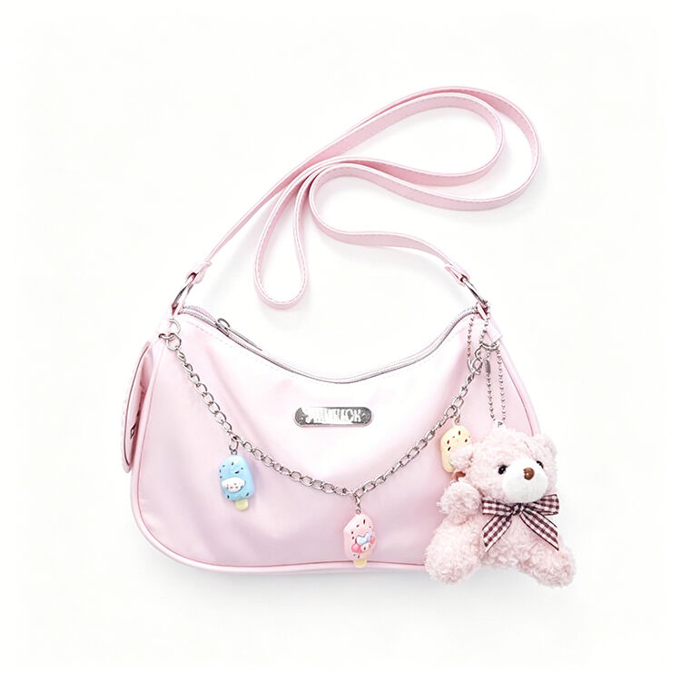 Pink Kawaii Nylon Hobo Crossbody Bag with Bear Pendant for Girls Daily School Casual Outfit