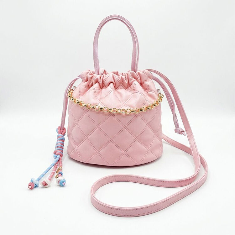 Cute Rhombus Stitch Pink Bucket Bag Adjustable Strap Shoulder Purse for Girl Shopping Party