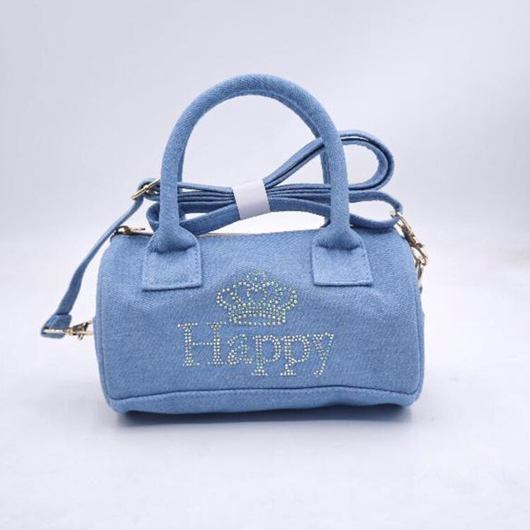 Mini Denim Boston Handbag Rhinestone Happy Crown Crossbody Bag Daily Travel Dating Small Shoulder Purse