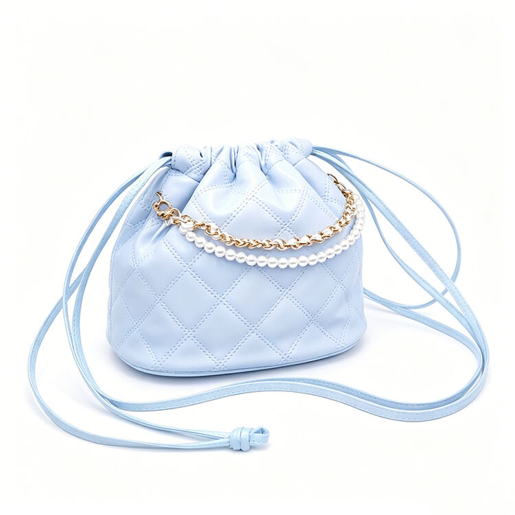 Light Blue Quilted Pearl Chain Mini Drawstring Bucket Bag Adjustable Crossbody Purse for Daily Dating Travel