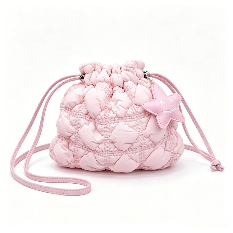Soft Puff Drawstring Mini Bucket Bag Star Pendant Crossbody Purse for Daily Dating Campus Travel