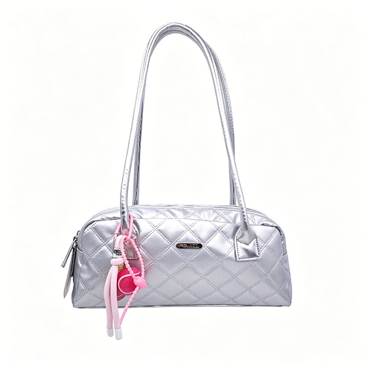 Silver Quilted Y2K Boston Shoulder Bag, Dual Zipper Storage Armpit Purse for Daily Street & Dating Outfits