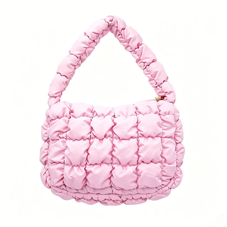 Cute Fluffy Grid Ruched Cloud Handbag Lightweight Shoulder Bag for Girls Daily Date Party