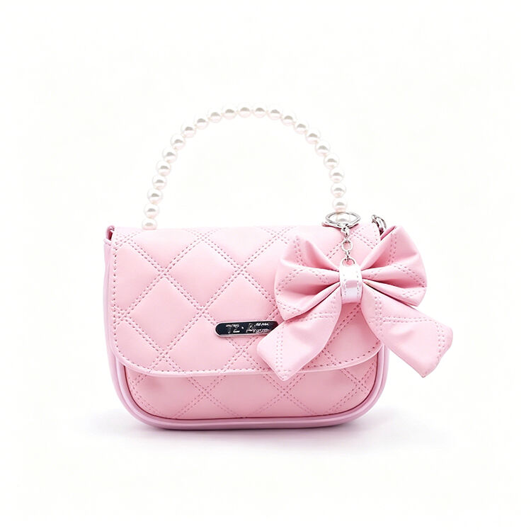 Pink Quilted Mini Princess Handbag with Pearl Handle Bow Pendant Kids Crossbody Bag for Party Daily Outing