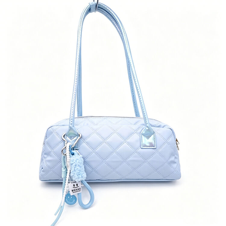 Pastel Blue Quilted Nylon Baguette Underarm Bag with Cute Charms for Daily School Shopping Dating Outings