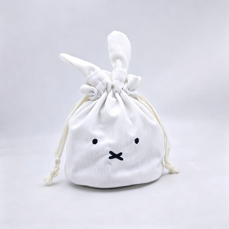 Corduroy Miffy Bunny Drawstring Pouch, Portable Cosmetic Storage Bag for Travel Daily Small Item Organizer