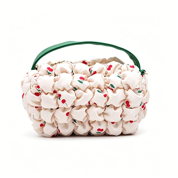 Cherry Print Ruched Cloud Handbag, 2-way Crossbody Bag for Summer Date Picnic Daily Outing