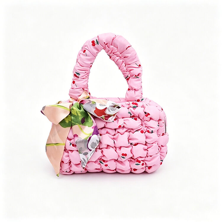 Pink Cherry Puff Mini Top Handle Bag, Scarf Decor Portable Handbag for Daily Dating Summer Vacation