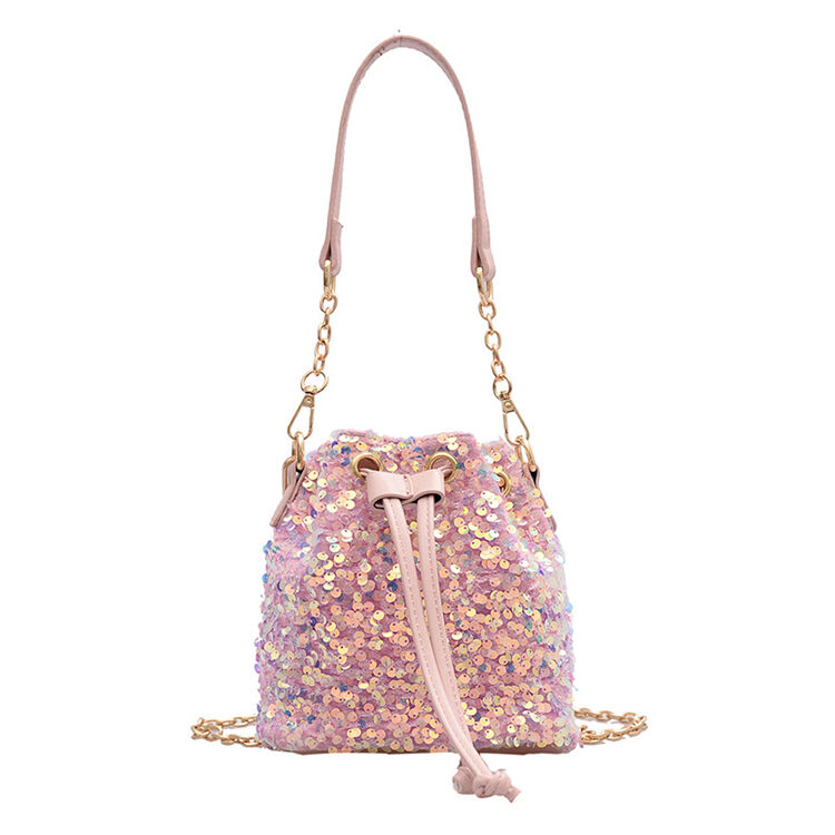 Iridescent Pink Sequin Mini Bucket Bag, Dual Strap Crossbody Handbag for Party Date Daily Outing