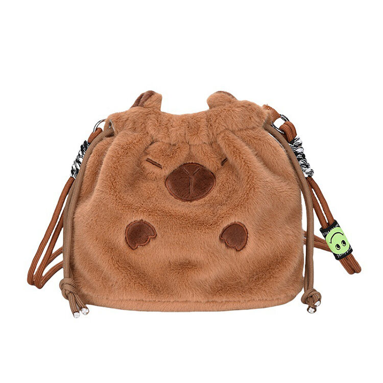 Soft Fuzzy Capybara Drawstring Bucket Bag Adjustable Crossbody Purse for Student Daily Shopping Trips