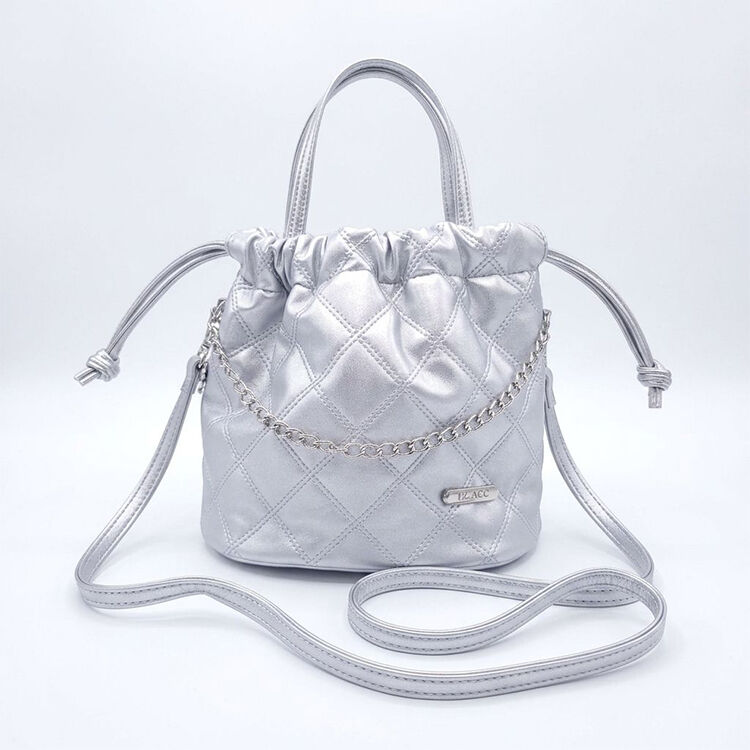 Shiny Silver Diamond Quilted Mini Bucket Bag Drawstring Crossbody Purse for Streetwear & Casual Outings