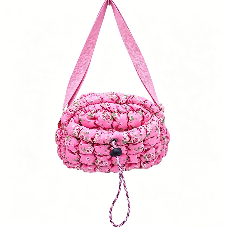 Pink Floral Quilted Puffer Drawstring Crossbody Bag Lightweight Mini Purse for Daily Travel Picnic