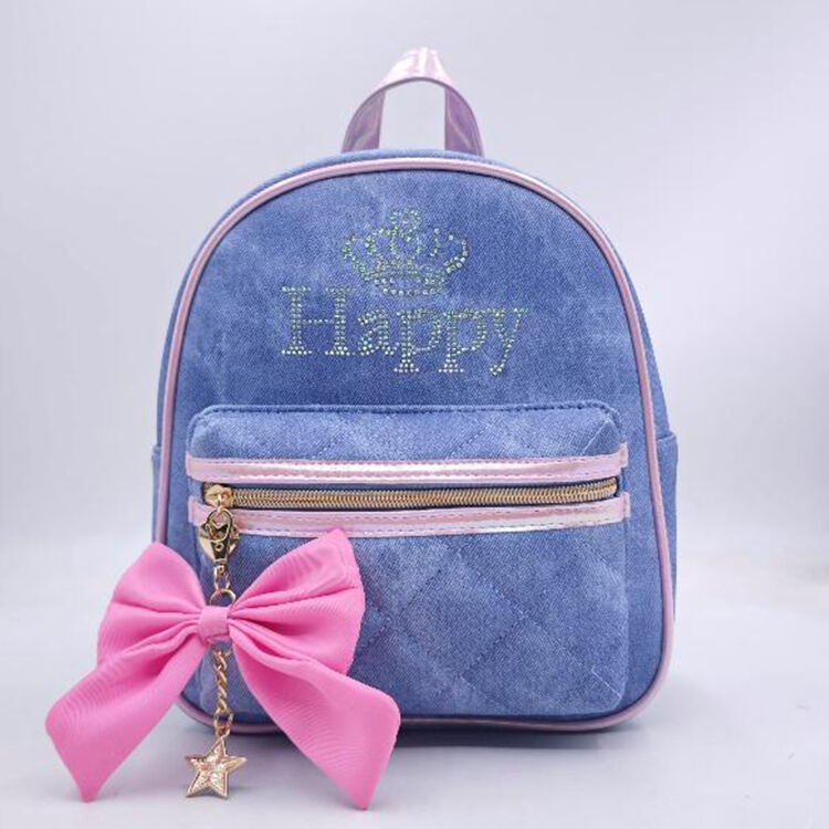 Girls Mini Denim Backpack Rhinestone Crown Bow Light Bag Kindergarten Daily Travel Outing
