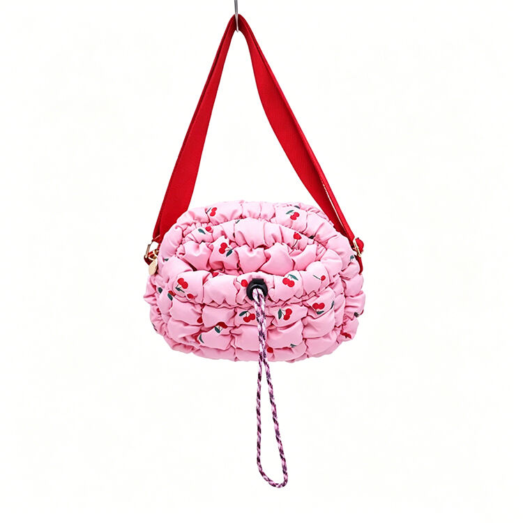 Pink Cherry Ruched Bubble Drawstring Crossbody Bag Adjustable Strap Mini Purse for Daily Travel Dating