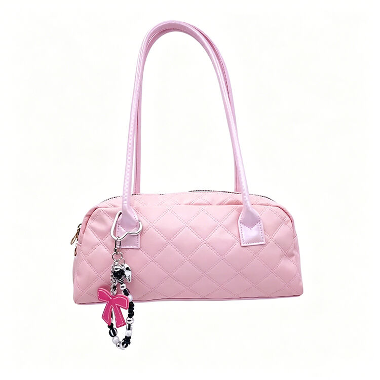 Pink Quilted Baguette Shoulder Bag with Puppy Charm, Zip Pocket Design for School Dating Daily Outing